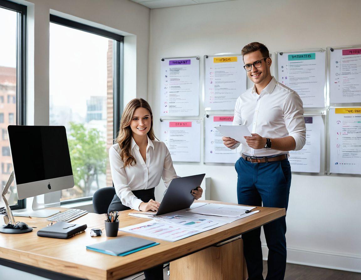 A confident professional standing in front of a sleek desk, arranging a polished resume with colorful bullet points and an eye-catching layout. The background features a bright office environment with motivational quotes on the walls about job success. Soft natural light filters in through a large window, creating an inviting atmosphere. Include various job application tools like a laptop and a notepad, emphasizing preparation. vibrant colors. super-realistic.