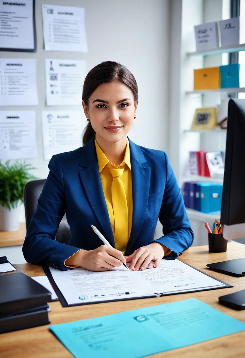 A confident job seeker sitting at a polished desk, intently crafting a CV and resume with vibrant stationery. In the background, motivational quotes adorn the walls, alongside symbols of career success like a diploma, briefcase, and office skyscrapers. The scene captures a blend of professionalism and creativity, highlighting the importance of a polished resume. super-realistic. vibrant colors. office setting.