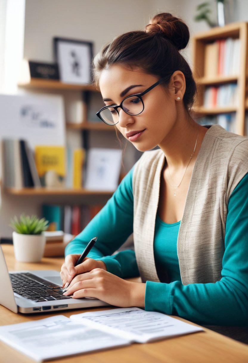 A young, diverse job seeker confidently writing a personal statement at a bright, modern workspace, surrounded by books and a laptop showcasing a job search website. In the background, icons representing essential skills like communication, teamwork, and creativity are floating. The overall atmosphere is uplifting and motivational. super-realistic. vibrant colors. bright and open environment.
